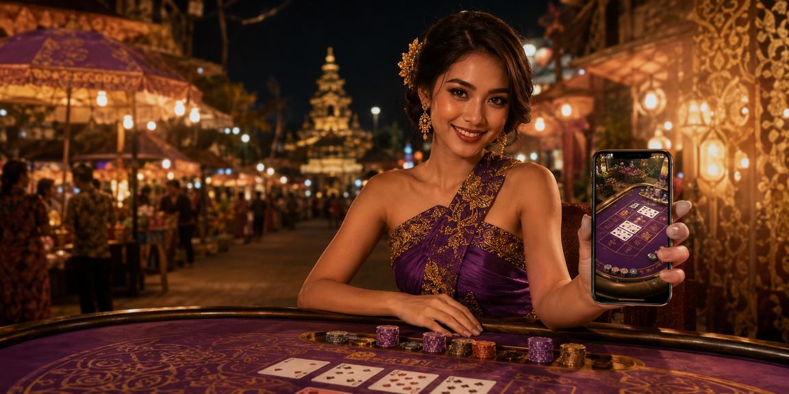 Meja baccarat malam hari di pasar malam yang menggambarkan live casino interaktif