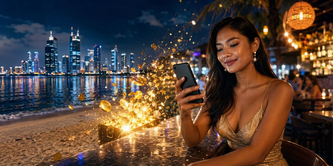 Pengguna mengakses platform mobile casino di tepi pantai dengan aman menggunakan perangkat pribadi